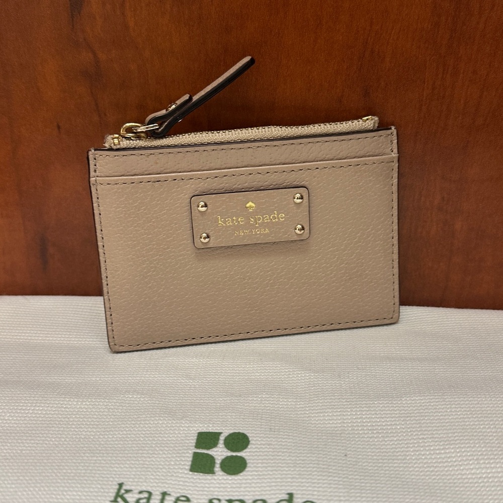 Kate Spade Taupe Card Holder with Gold Accents